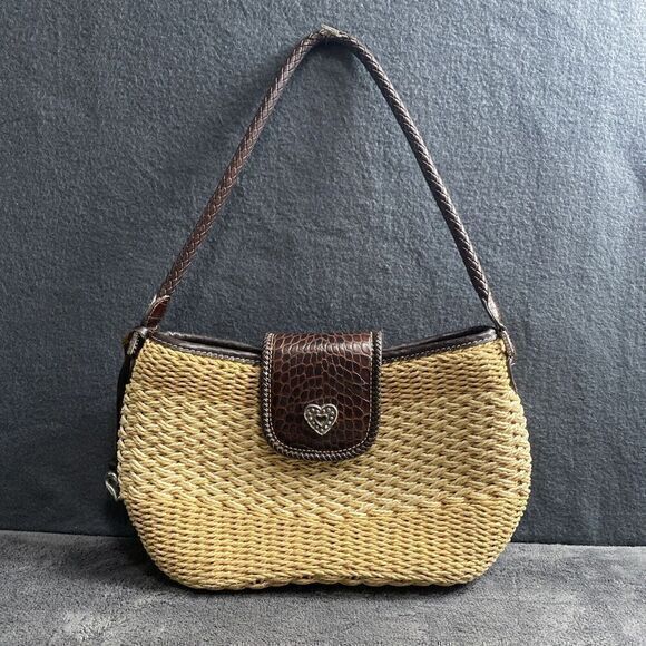 BRIGHTON Hand Woven Straw Shoulder Bag Tote Purse with Brown Leather Trim Charm - Picture 1 of 14
